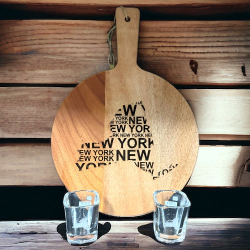 New York Engraved Wooden Cutting Board & Shot Glass Set