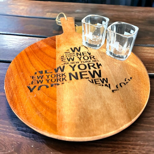 New York Engraved Wooden Cutting Board & Shot Glass Set