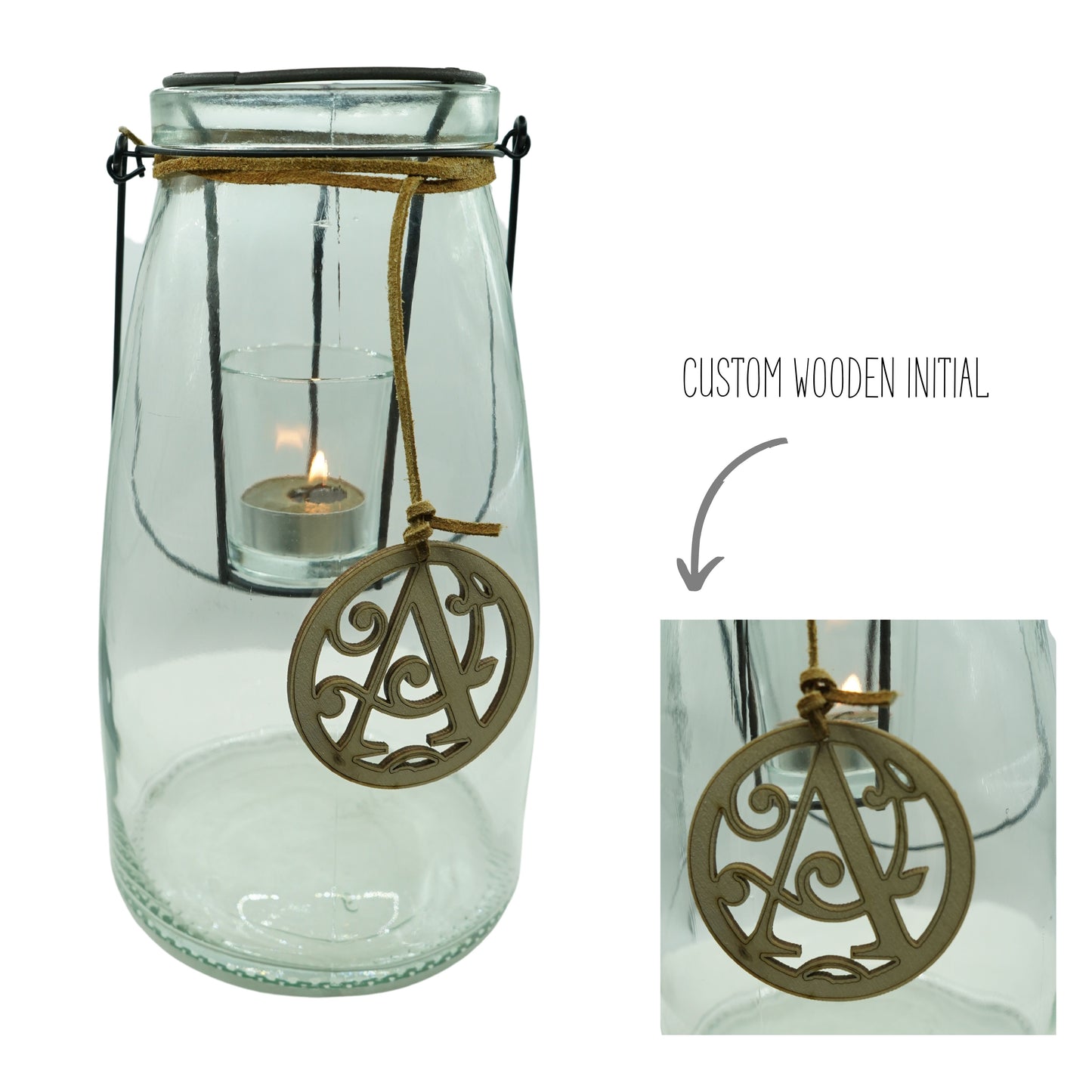 Glass Lantern With Custom Wooden Initial